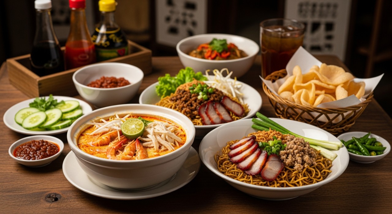 Hidangan asli Sarawak seperti Laksa Sarawak dan Mee Kolok yang dihidangkan di atas meja makan.