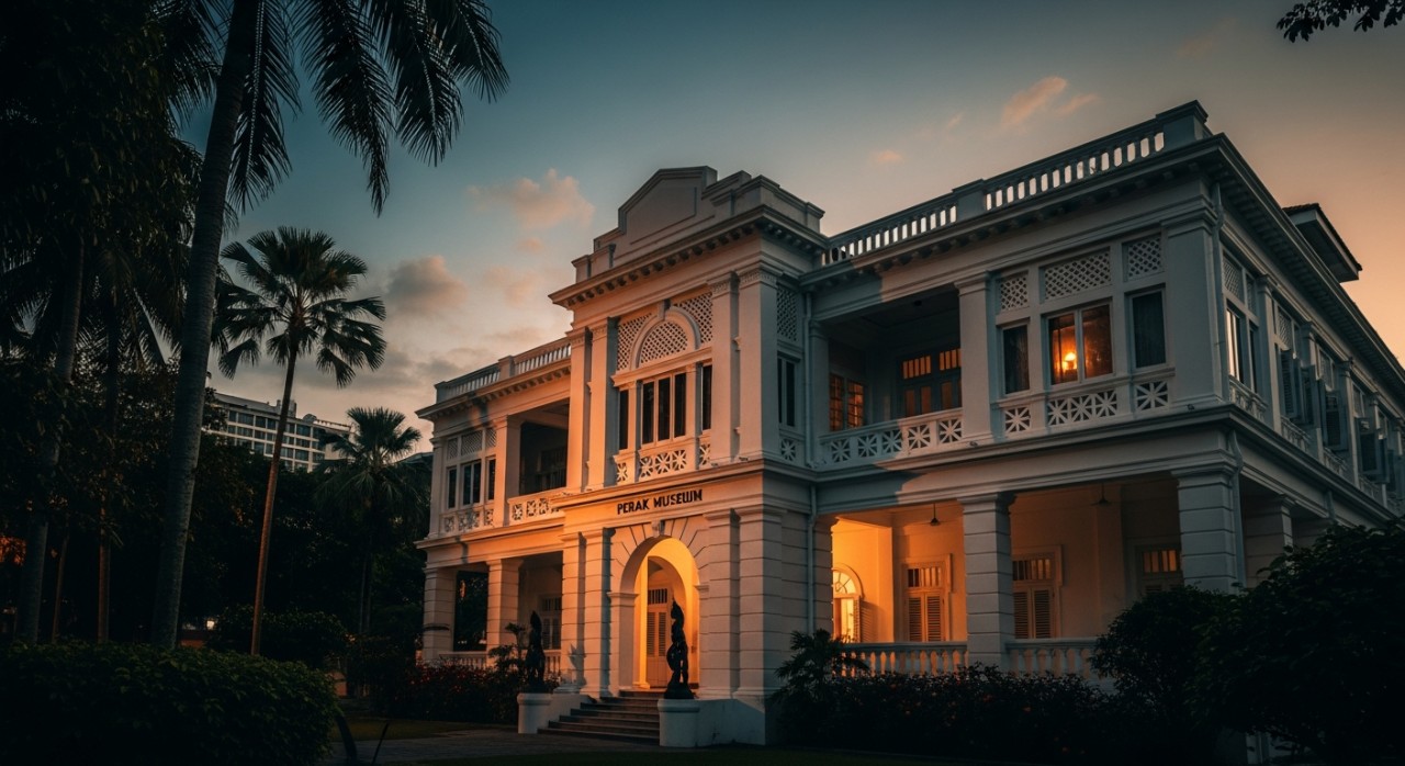Bangunan putih bersejarah Muzium Perak dengan seni bina kolonial di Taiping.