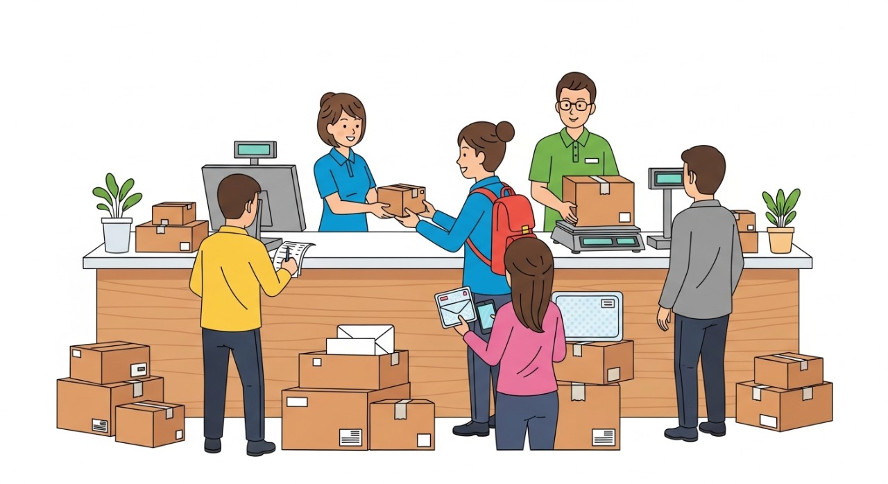 Pelanggan sedang berurusan di kaunter pejabat Poslaju Chukai untuk urusan penghantaran barang.