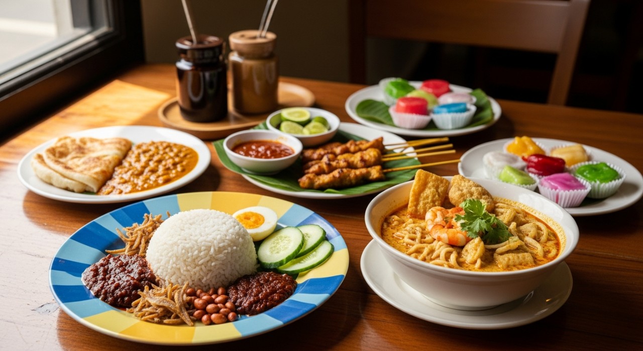 Pelbagai hidangan makanan tempatan yang menyelerakan di atas meja sebuah restoran.