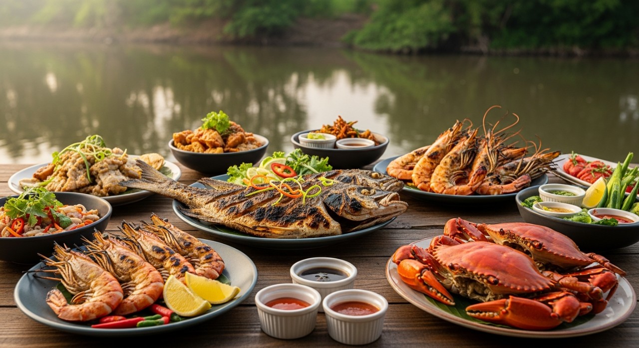 Hidangan makanan laut segar yang dihidangkan di atas meja kayu di sebuah restoran tepi sungai.