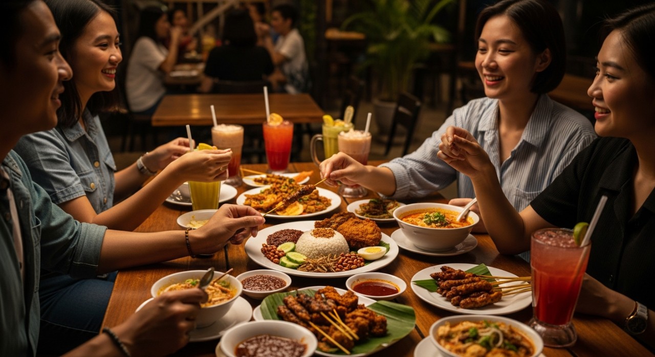 Sekumpulan pelanggan sedang menikmati pelbagai hidangan tempatan yang menyelerakan di sebuah restoran.
