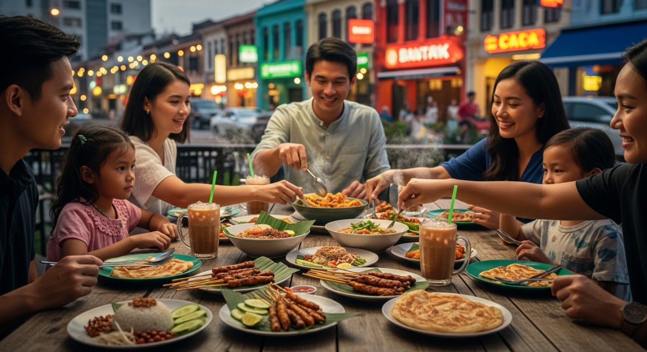 Sekumpulan pelanggan sedang menikmati hidangan di sebuah restoran terbuka dengan suasana bandar Ampang