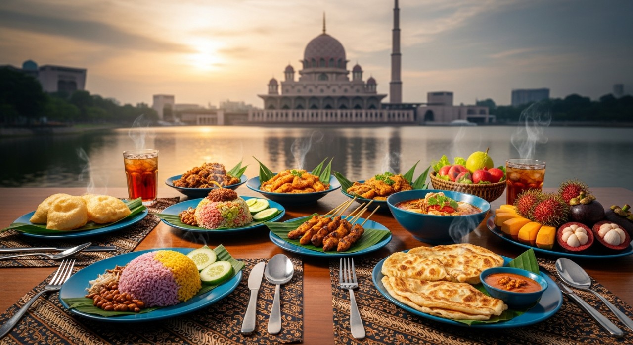 Pelbagai hidangan makanan tradisional Malaysia di atas meja dengan latar belakang Masjid Putra dan tasik