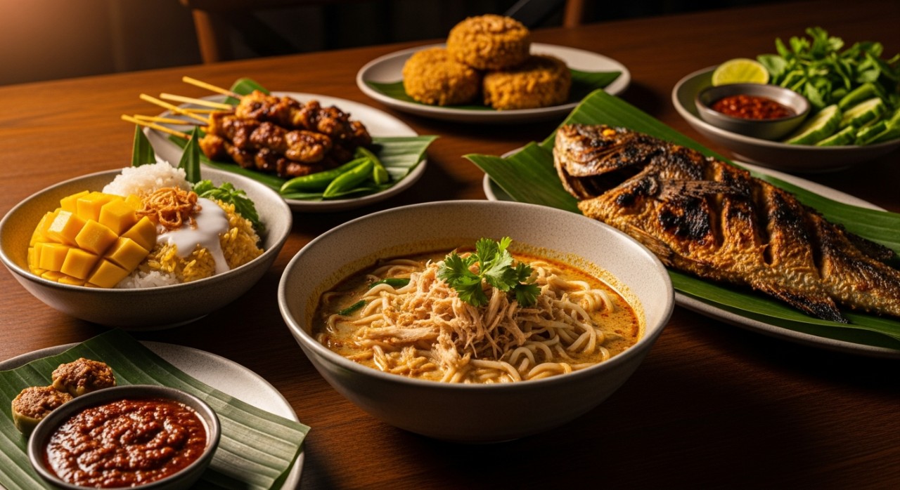 Pelbagai hidangan makanan tradisional yang menyelerakan di atas meja kayu di sebuah restoran terbuka