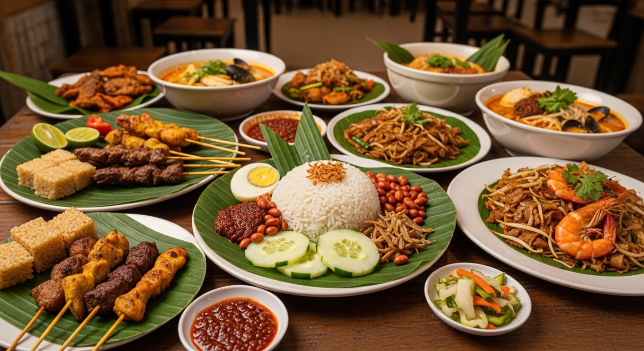 Pelbagai hidangan makanan tradisional Melayu yang menyelerakan di atas meja kayu.