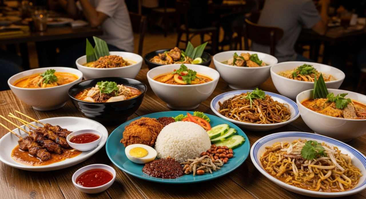 Pelbagai hidangan makanan tempatan yang menyelerakan di atas meja makan kayu.