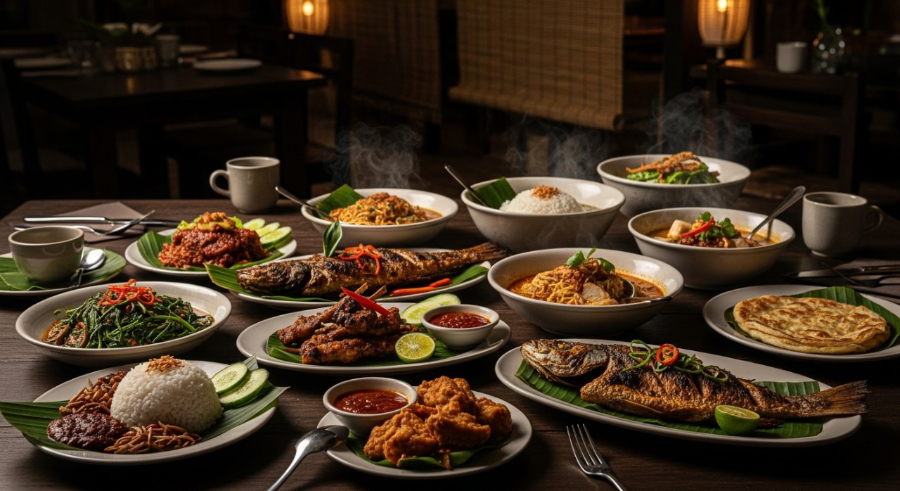 Pelbagai jenis hidangan lauk-pauk tempatan yang dihidangkan di atas meja makan sebuah restoran.