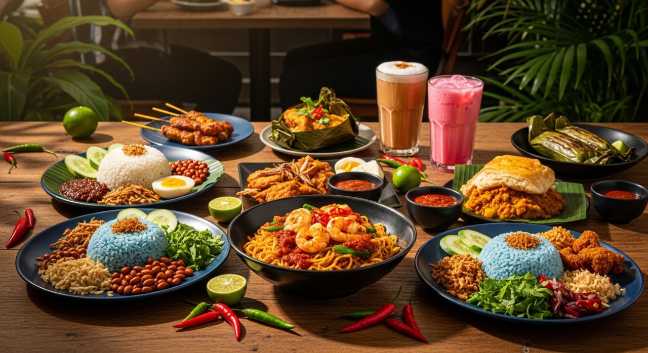 Pelbagai jenis lauk pauk dan hidangan tempatan yang dihidangkan di atas meja kayu di sebuah kedai makan.