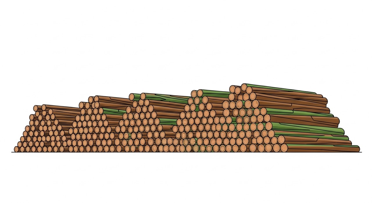 Tumpukan batang kayu getah yang telah dipotong di kawasan ladang.