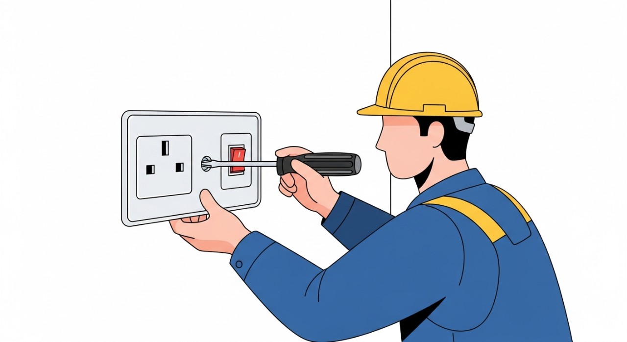 Seorang pendawai elektrik sedang memasang unit soket 13A pada dinding rumah.
