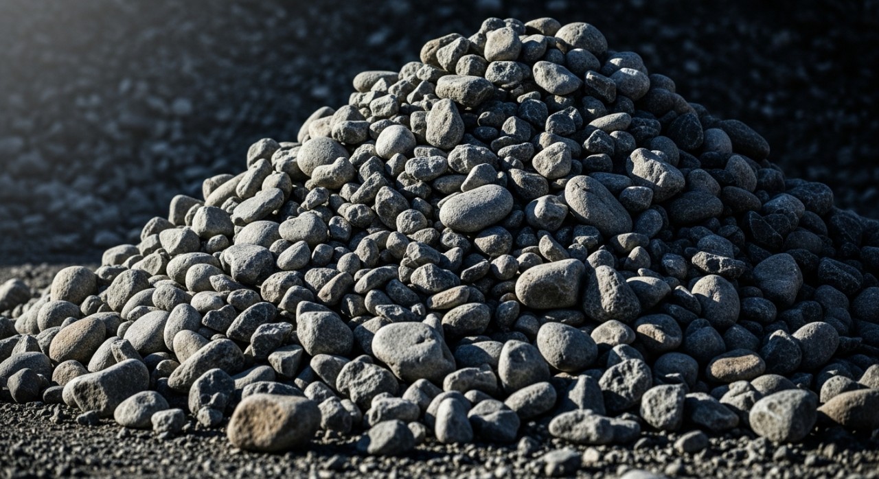 Timbunan batu sungai yang digunakan untuk mengisi sangkar gabion bagi membina dinding penahan.