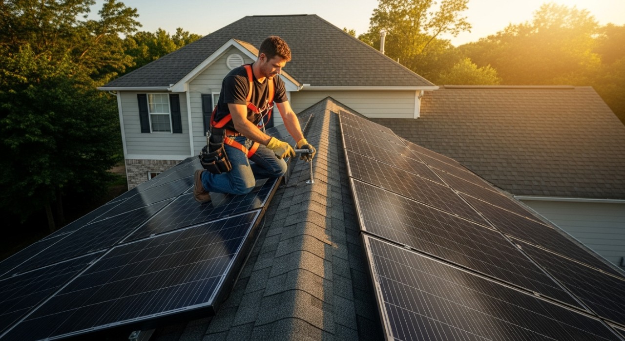 Seorang juruteknik sedang memasang panel solar di atas bumbung sebuah rumah moden