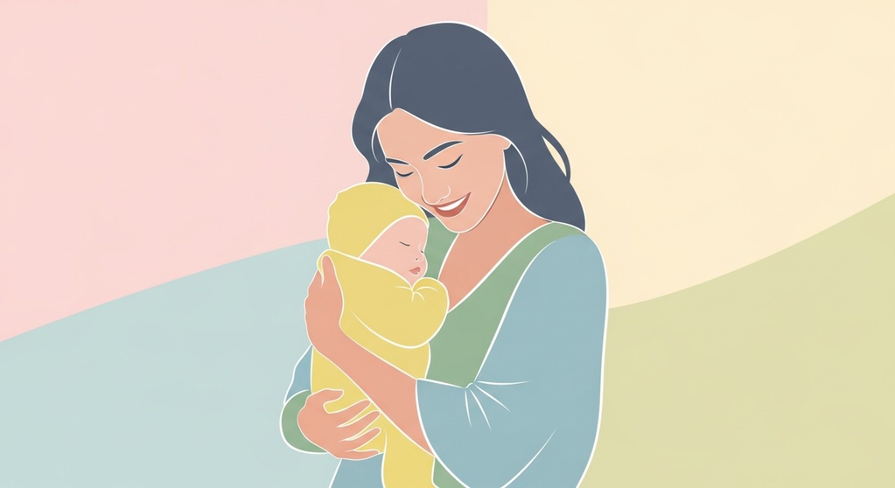 Seorang ibu tersenyum bahagia sambil mendukung bayi yang baru lahir