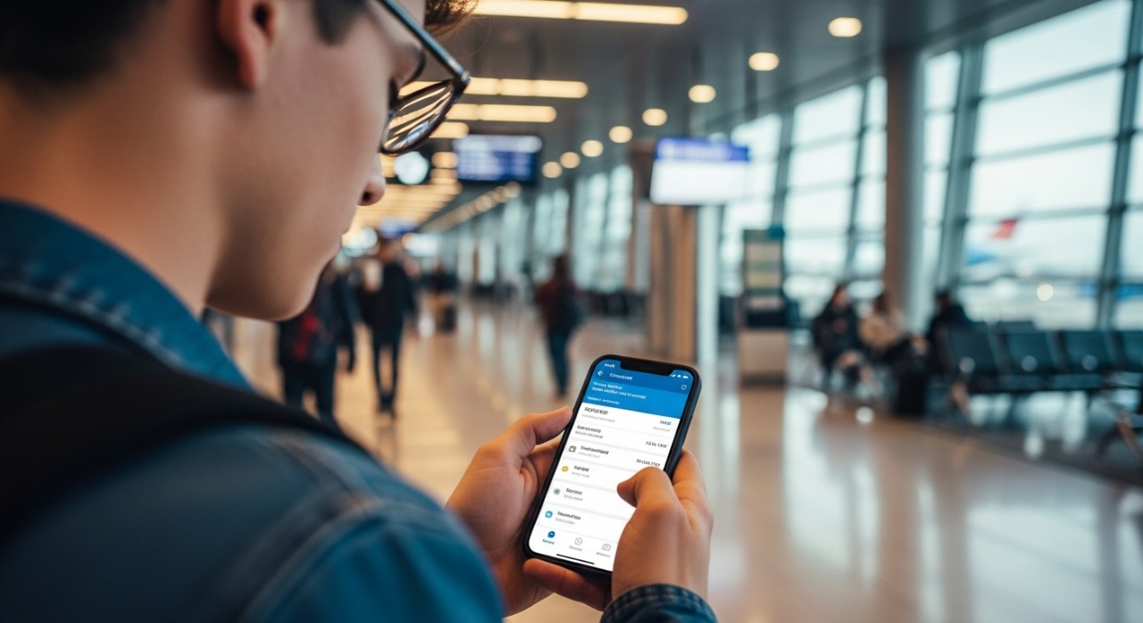 Seorang pelajar sedang menyemak status bantuan tiket penerbangan melalui telefon pintar di lapangan terbang.