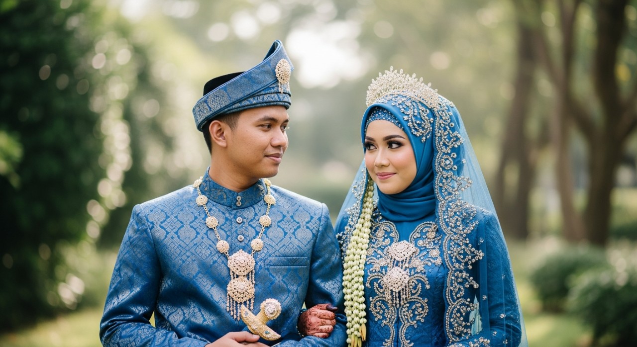 Pasangan pengantin Melayu memakai baju songket biru berdiri bersebelahan
