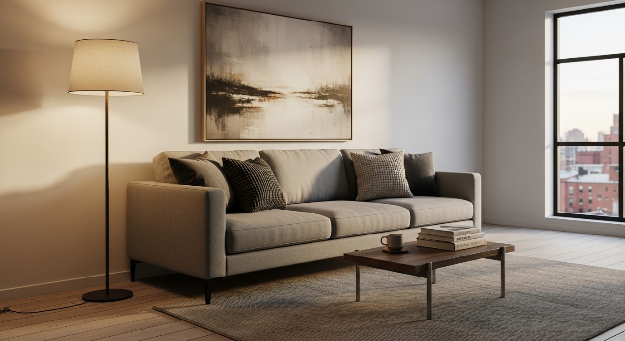 Susunan sofa dan perabot dalam ruang tamu yang berbentuk sempit dan panjang.