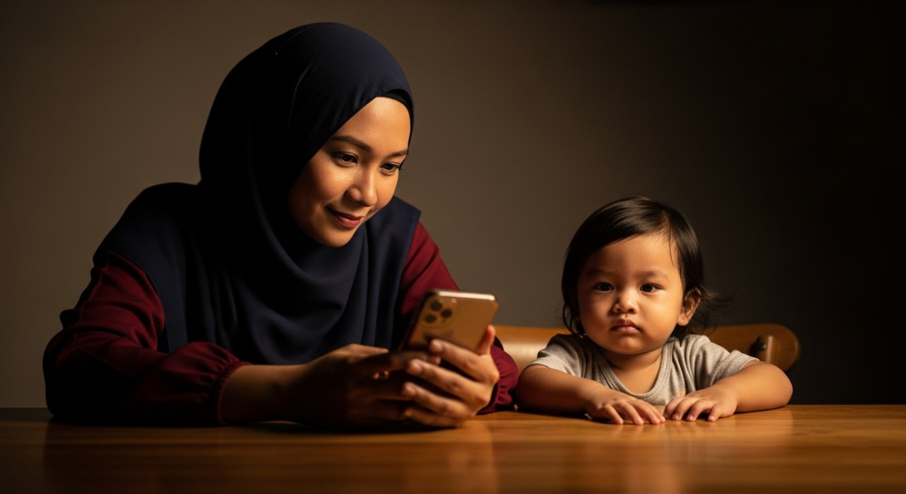 Seorang wanita sedang menyemak status permohonan bantuan kewangan melalui telefon pintar di dalam rumah.