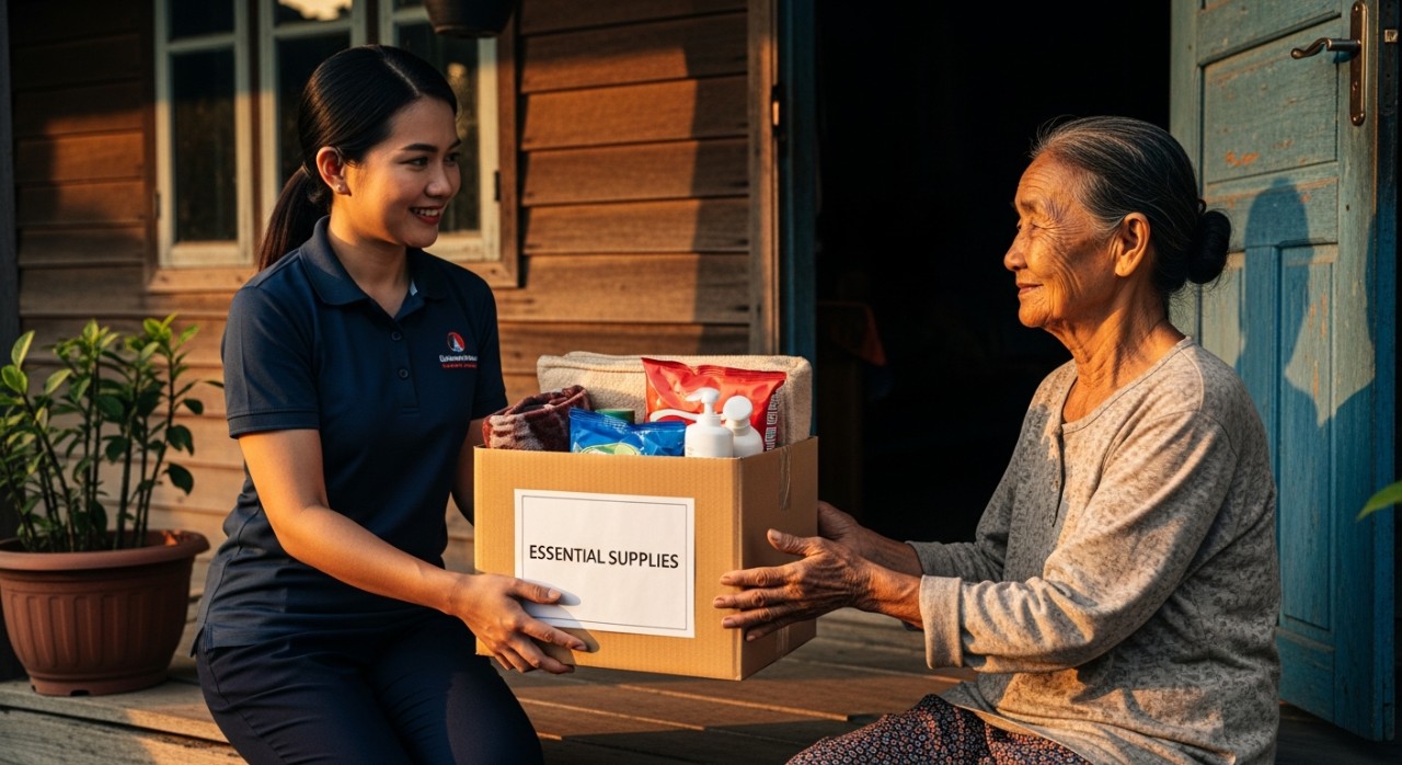 Seorang pegawai kebajikan sedang menyerahkan kotak bantuan makanan kepada warga emas di kawasan luar bandar.