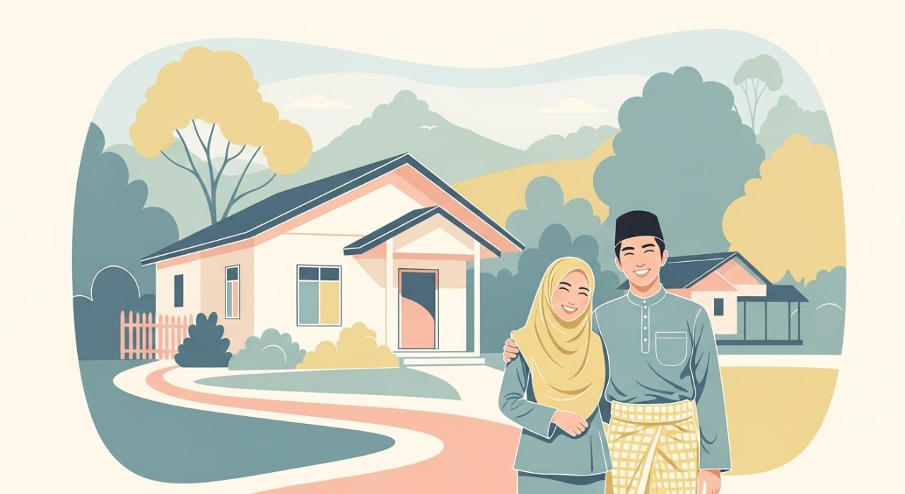 Sepasang suami isteri berdiri di hadapan rumah baru yang ringkas dan kemas.