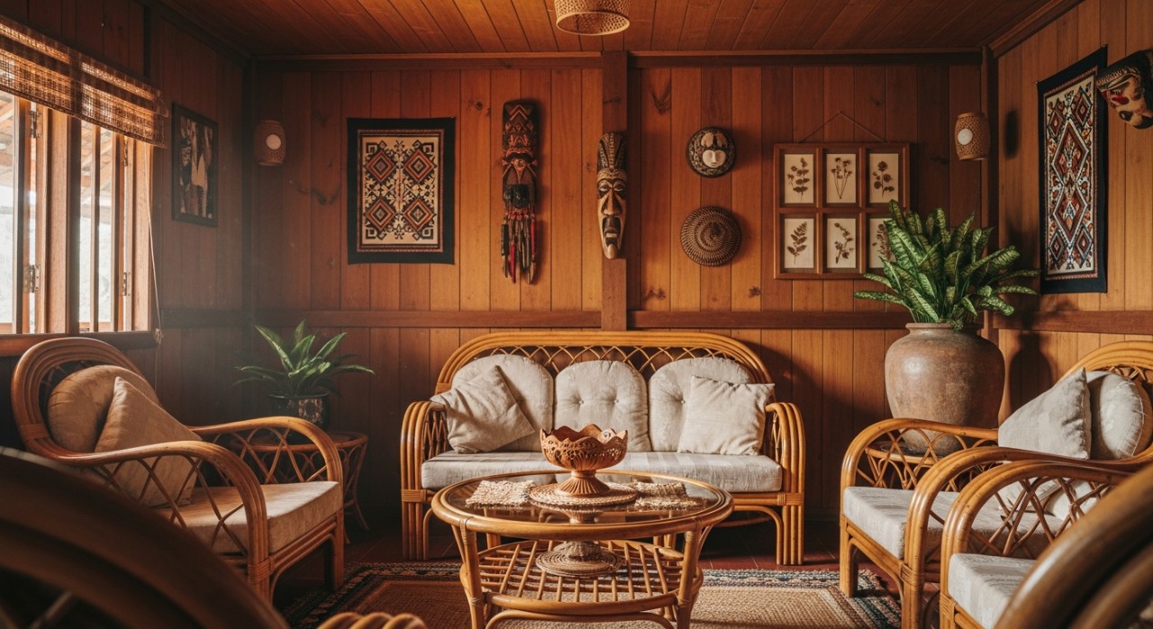 Ruang tamu rumah kayu tradisional dengan perabot rotan dan hiasan dinding yang menarik.