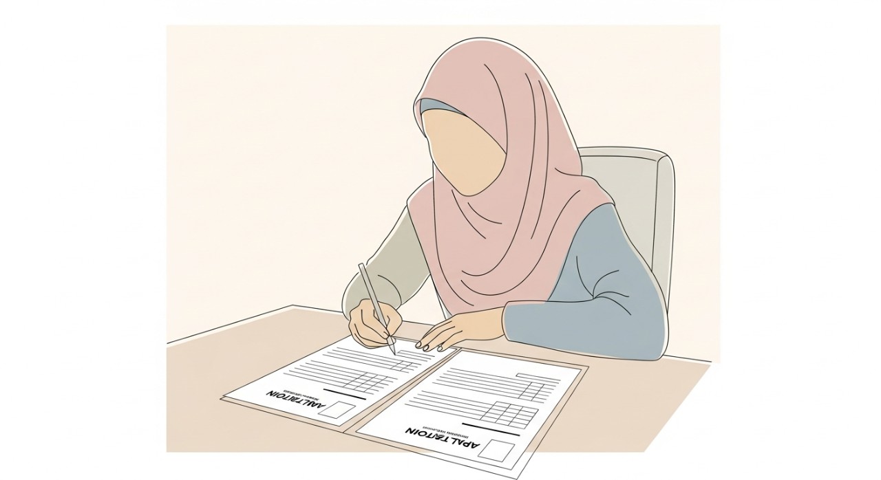 Seorang wanita sedang mengisi borang permohonan bantuan kewangan di sebuah pejabat