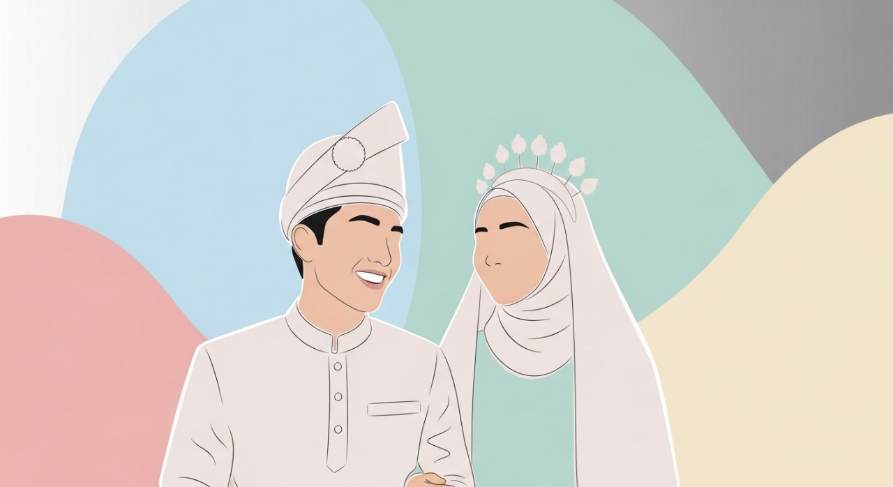 Sepasang pengantin muda Malaysia berbaju tradisional sedang tersenyum bahagia.