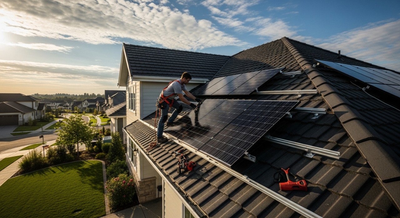 Seorang juruteknik sedang memasang kepingan panel solar di atas bumbung rumah