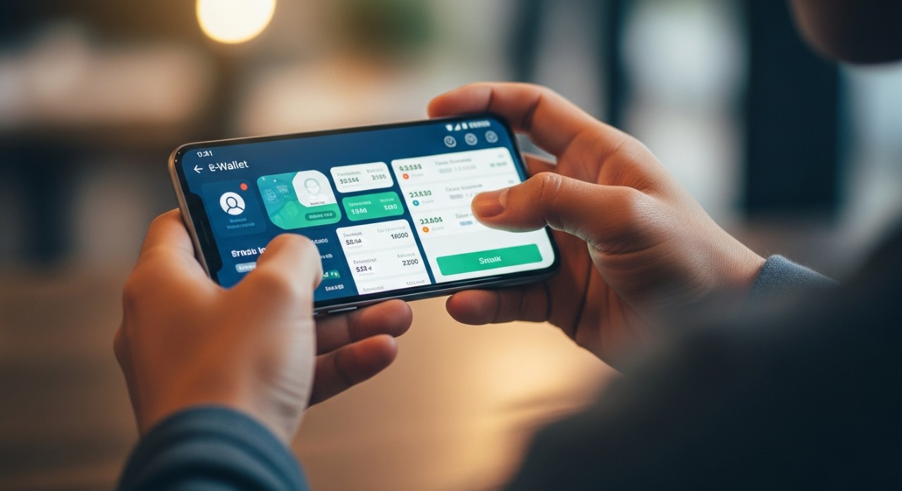 Seorang individu sedang meneliti status permohonan melalui aplikasi e-dompet di telefon pintar.
