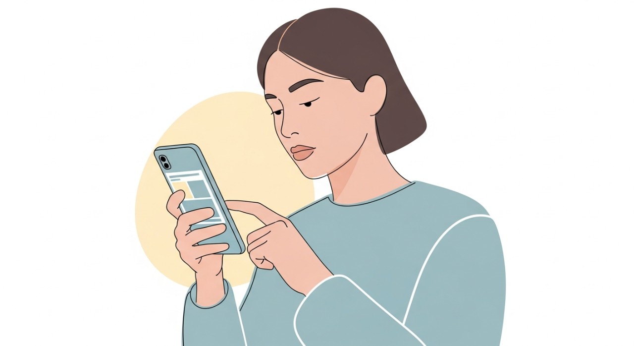 Seorang individu sedang meneliti maklumat bantuan kewangan pada skrin telefon pintar.