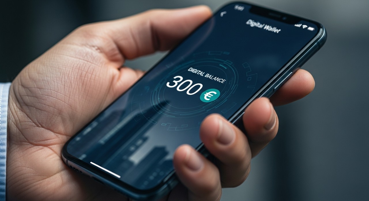 Seseorang sedang memegang telefon pintar yang menunjukkan baki kredit e-wallet sebanyak tiga ratus ringgit