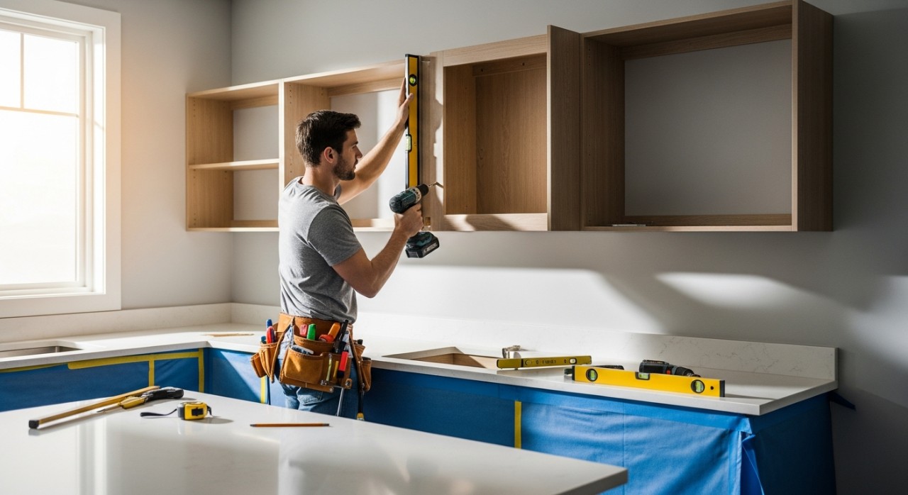 Seorang lelaki sedang memasang unit kabinet kayu pada dinding dapur.