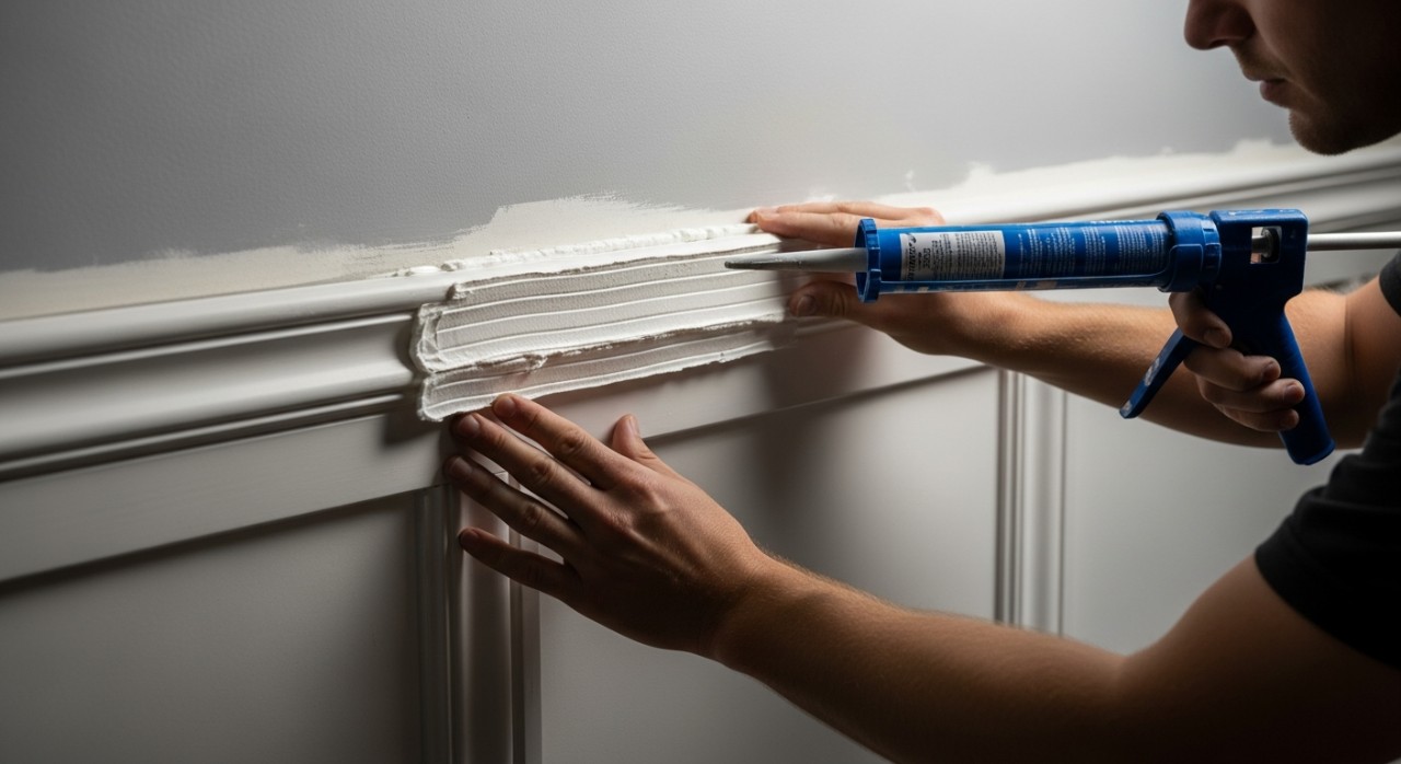 Seorang lelaki sedang melekatkan bingkai wainscoting pvc pada dinding ruang tamu menggunakan gam.