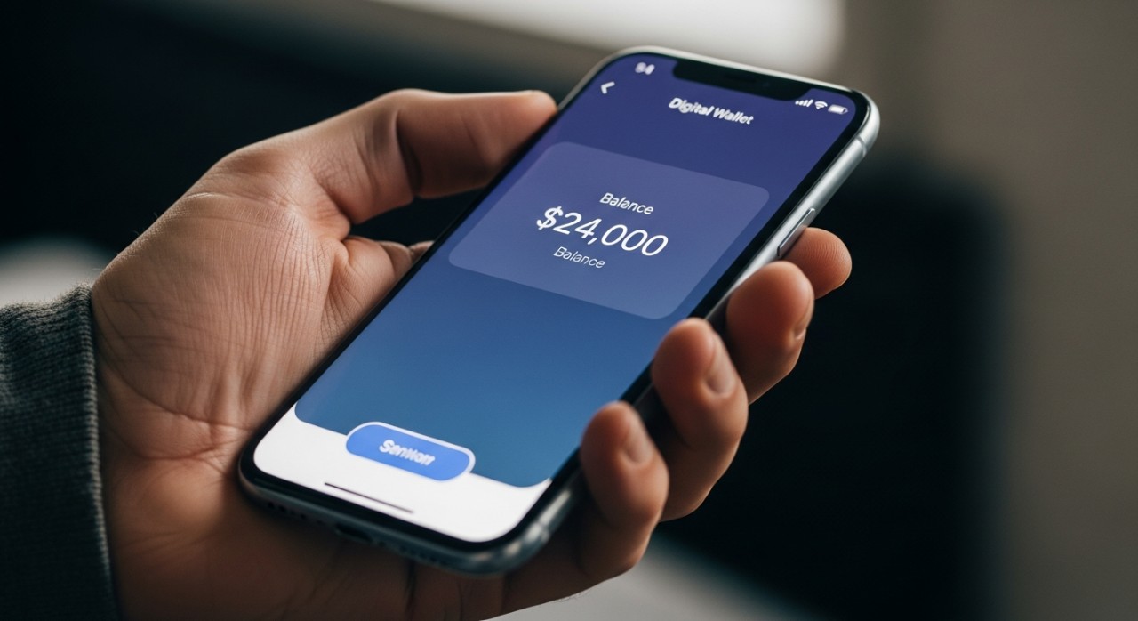 Seseorang sedang melihat baki akaun di dalam aplikasi e-dompet pada skrin telefon pintar