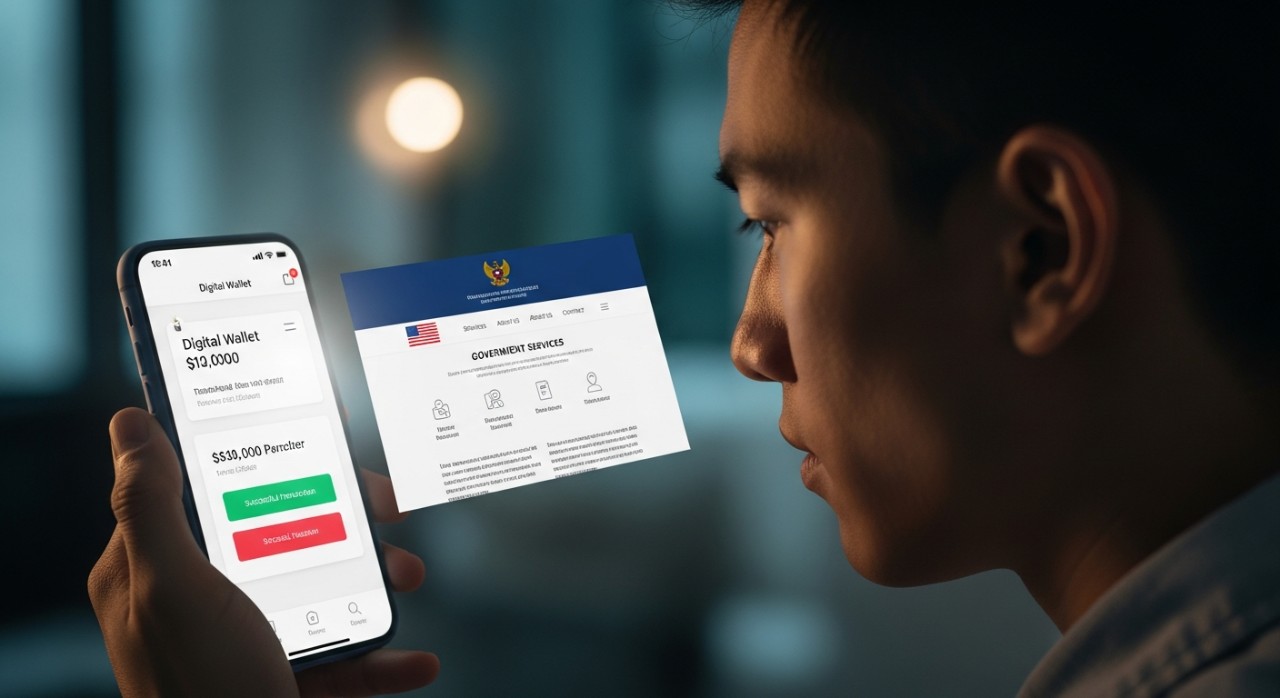 Seorang lelaki muda sedang melihat skrin telefon bimbit dengan paparan maklumat bantuan kewangan