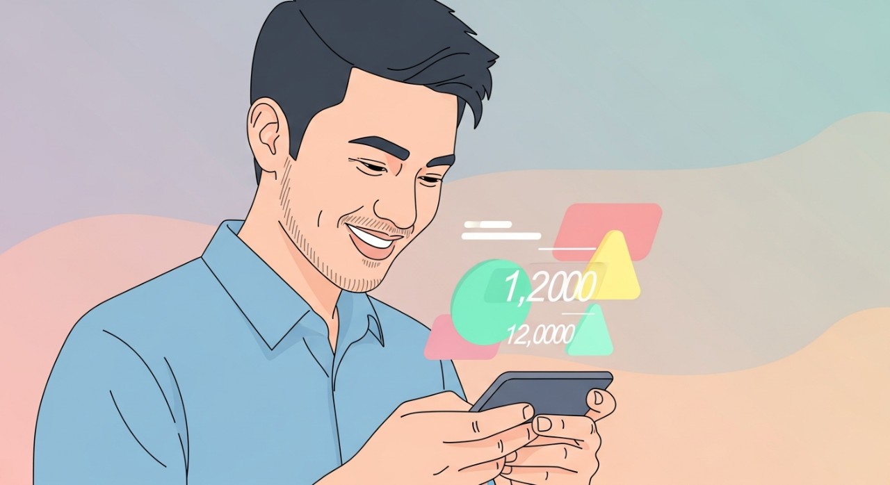 Seorang pemuda tersenyum melihat paparan bantuan tunai di telefon pintar