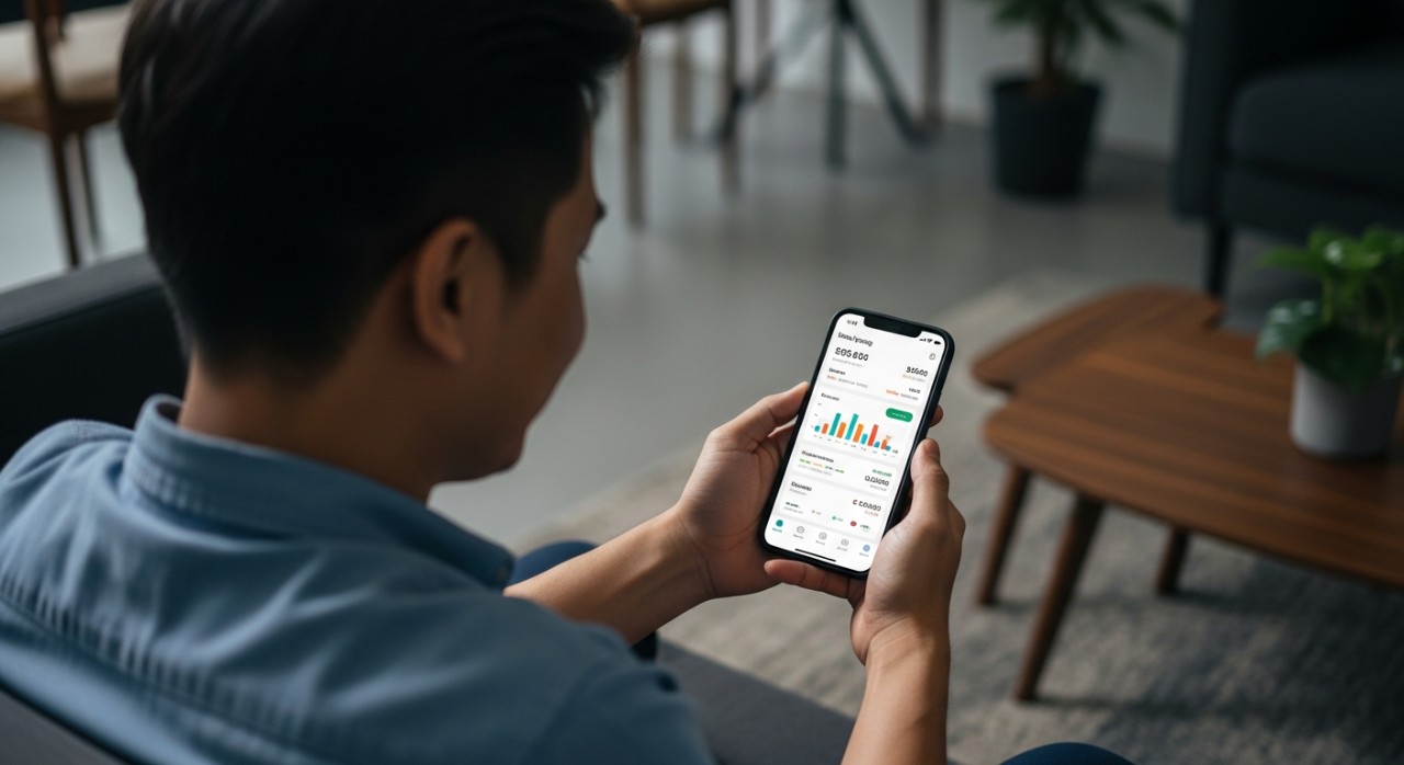 Seorang lelaki melihat baki akaun di telefon pintar untuk bantuan kewangan