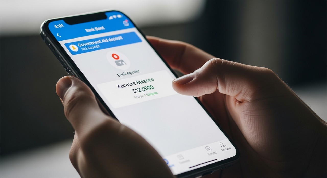 Seseorang sedang melihat paparan skrin telefon pintar yang menunjukkan maklumat bantuan kewangan