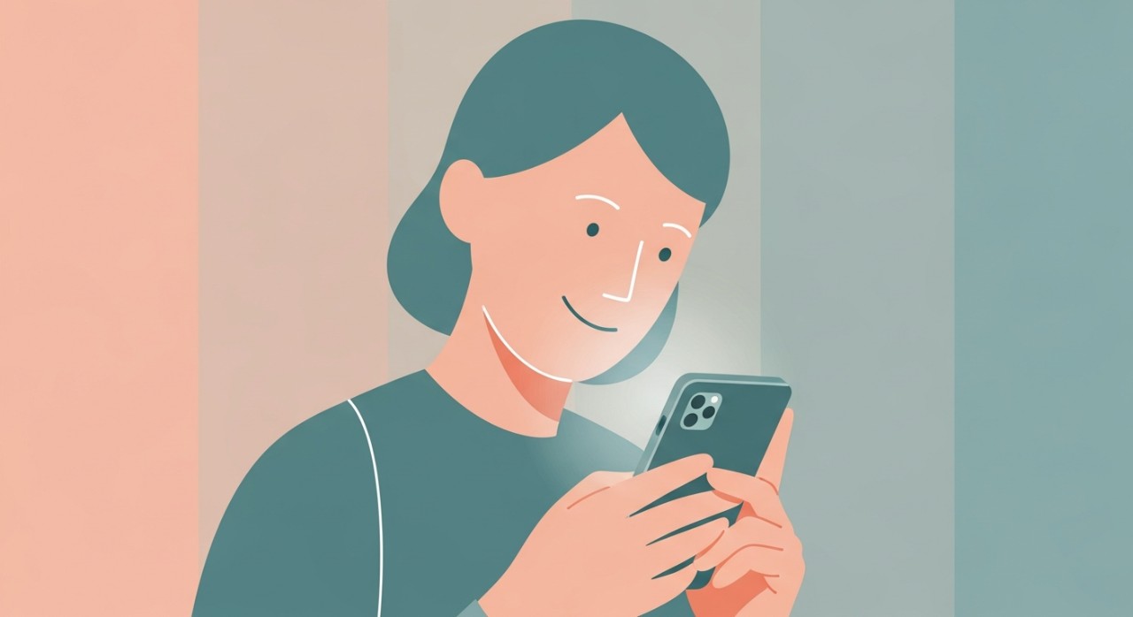 Seorang wanita sedang melihat skrin telefon pintar dengan riak wajah gembira.