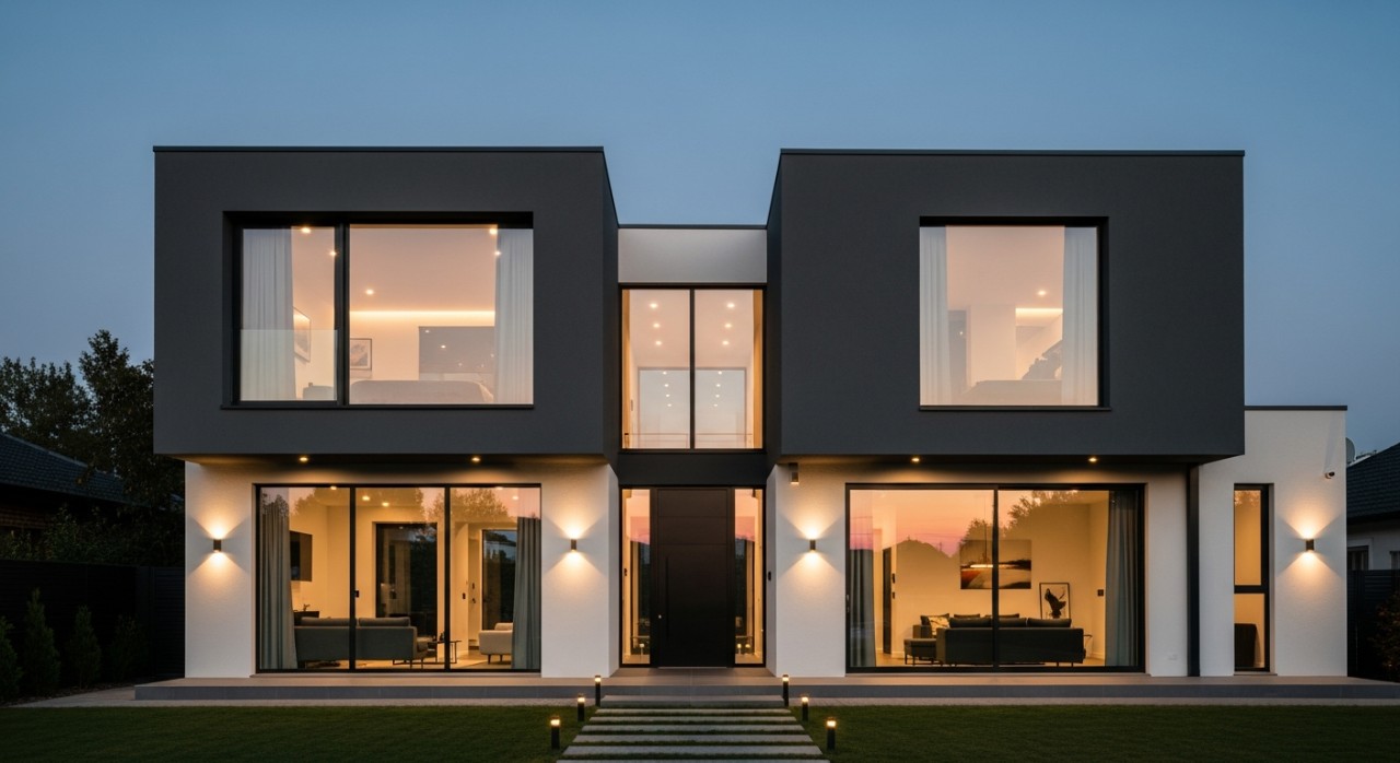 Dinding luar rumah moden yang dicat dengan kombinasi warna kelabu dan putih yang elegan.