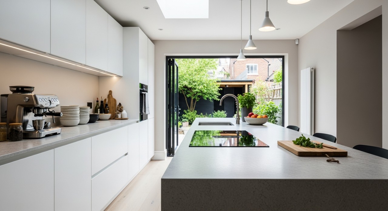 Kabinet dapur berwarna putih dengan peralatan memasak yang tersusun rapi.