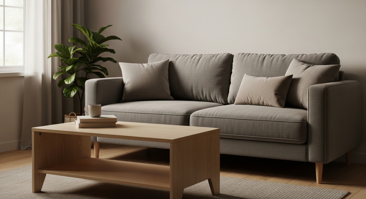 Ruang tamu kecil yang kemas dengan sofa kelabu dan susunan perabot kayu ringkas.