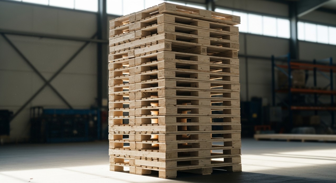 Susunan kayu pallet kayu pain yang masih baharu dan disusun rapi di dalam gudang.