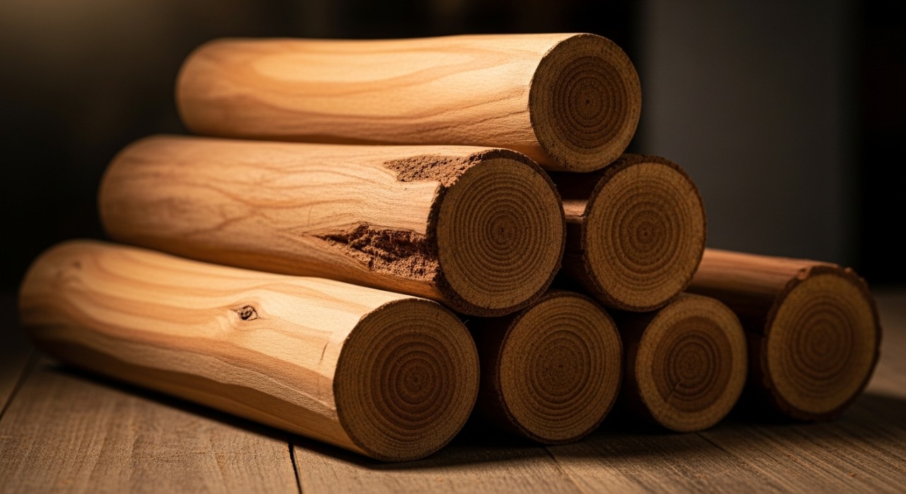 Beberapa ketul kayu cendana yang telah dipotong dan disusun kemas di atas meja kayu.