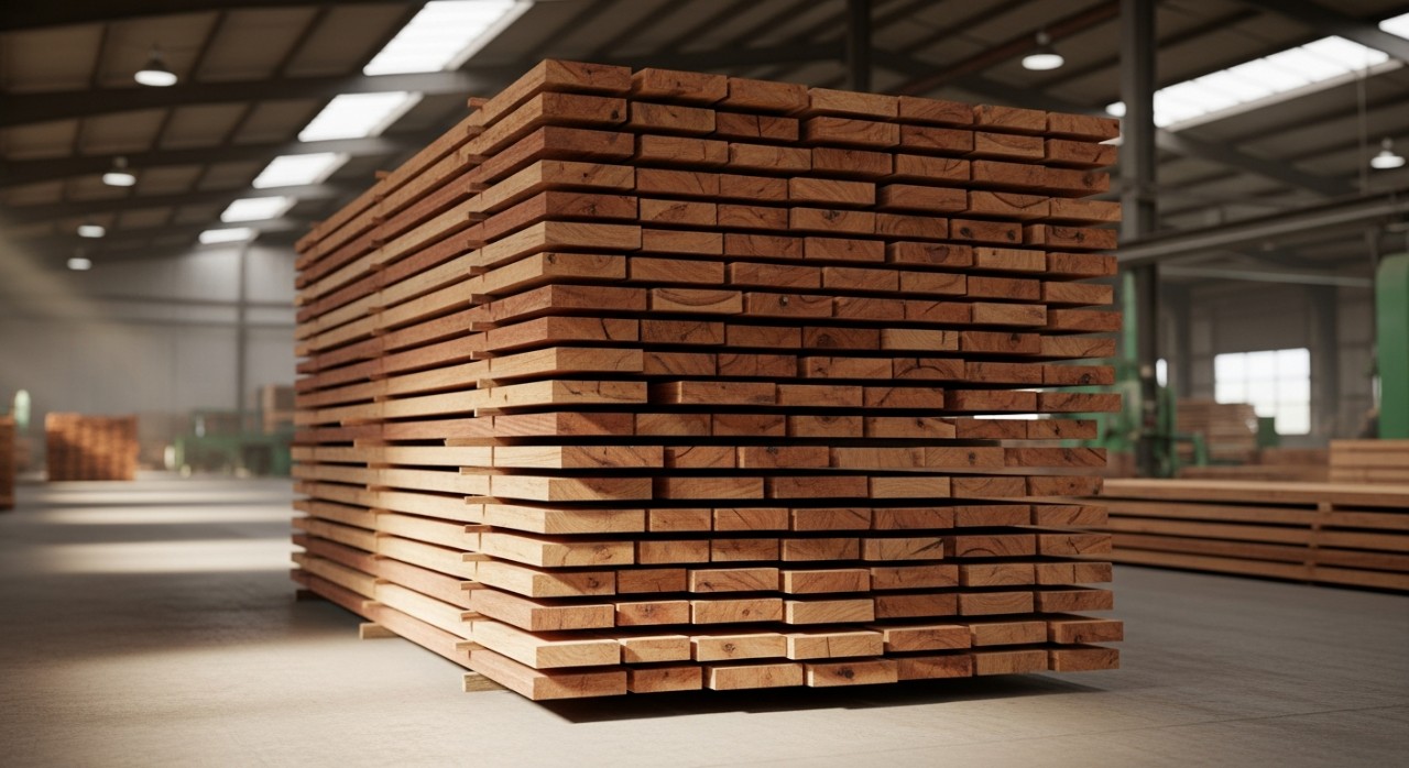 Tumpukan papan kayu cengal yang sudah dipotong kemas di dalam gudang kayu