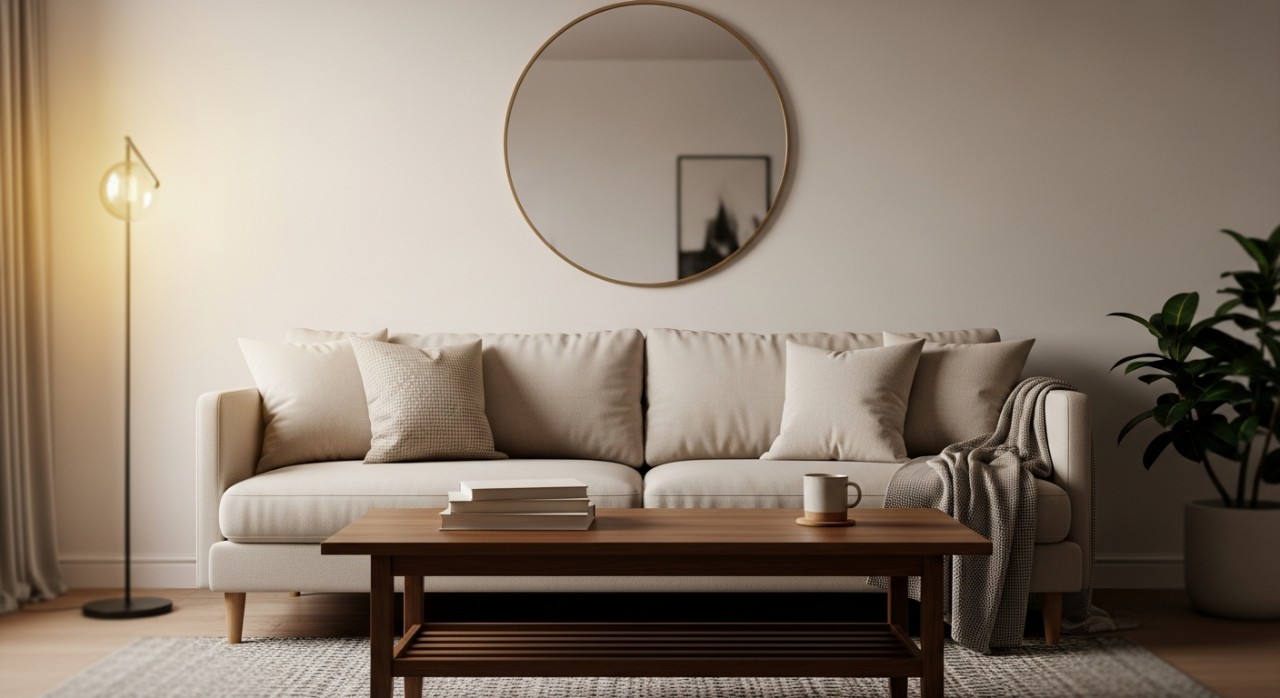 Ruang tamu kecil yang dihias dengan sofa berwarna cerah dan cermin dinding.
