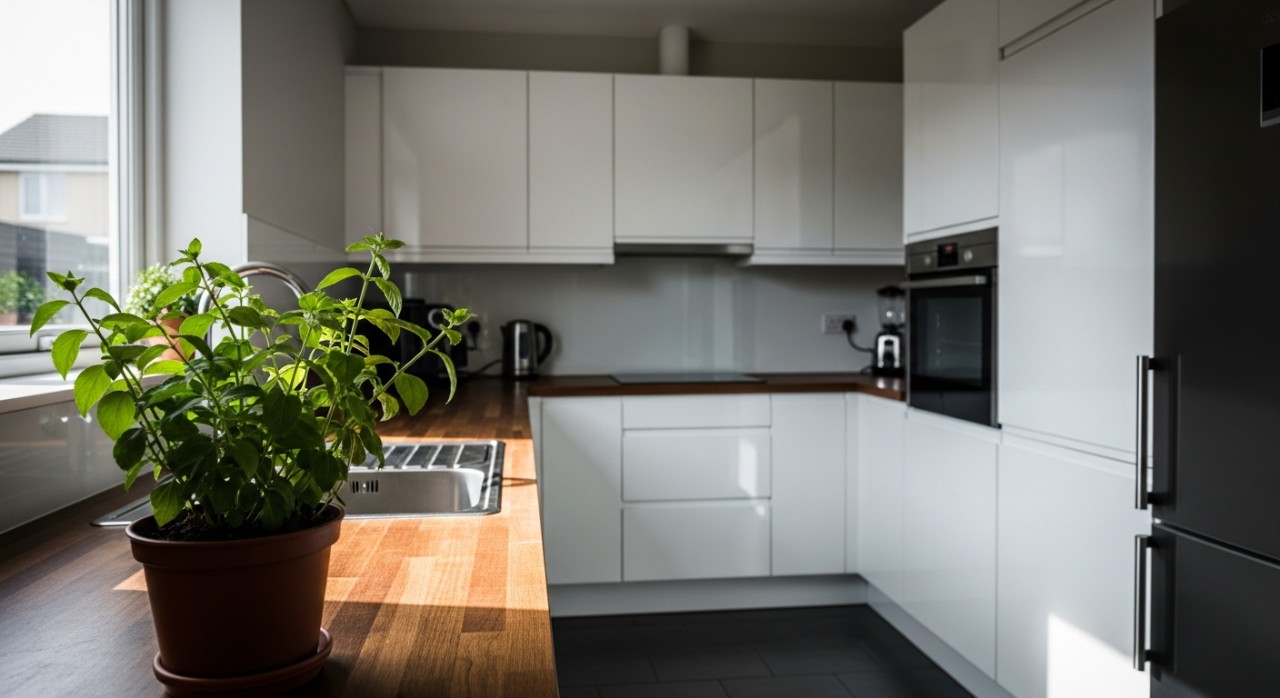 Ruang dapur yang kemas dengan kabinet putih dan hiasan pasu kecil di atas meja.