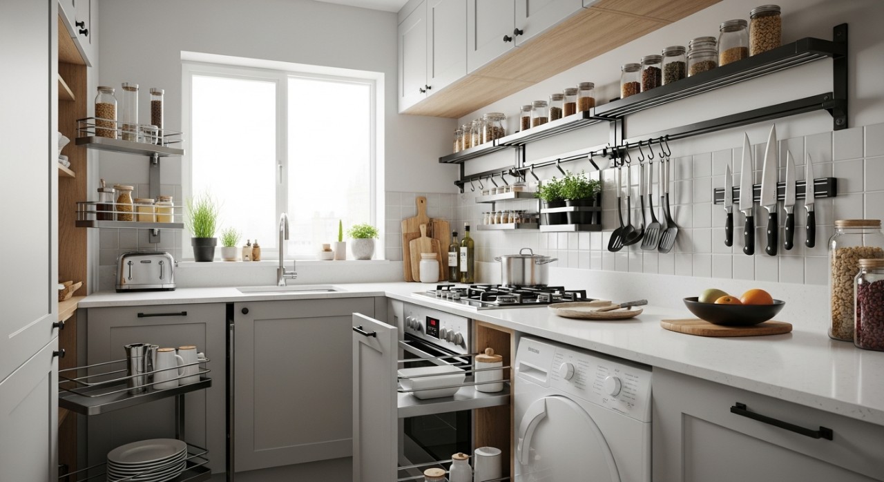 Susunan barang dapur yang kemas di dalam ruang rumah flat yang terhad