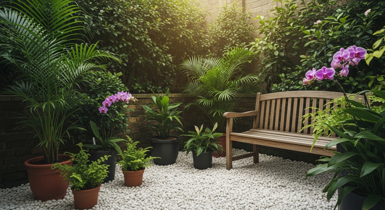 Taman mini dengan susunan pasu bunga dan pokok hijau di sudut halaman rumah.