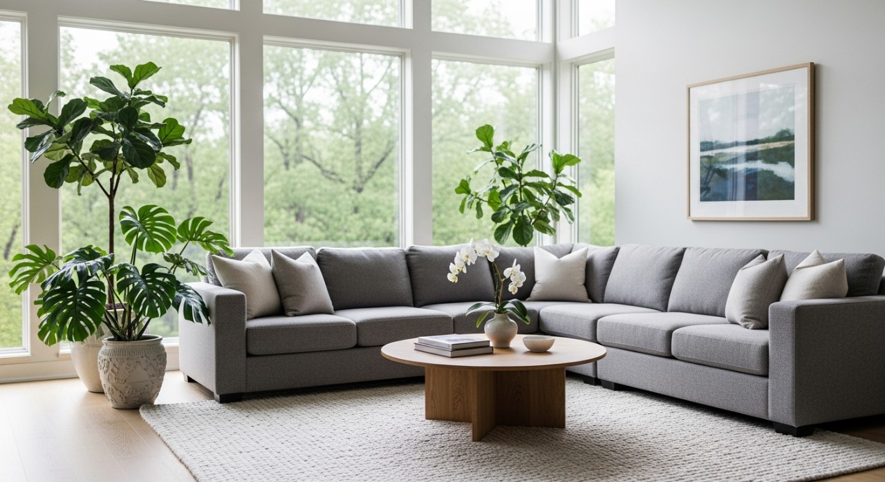 Ruang tamu dengan sofa kelabu, meja kayu kecil dan pokok hiasan hijau.